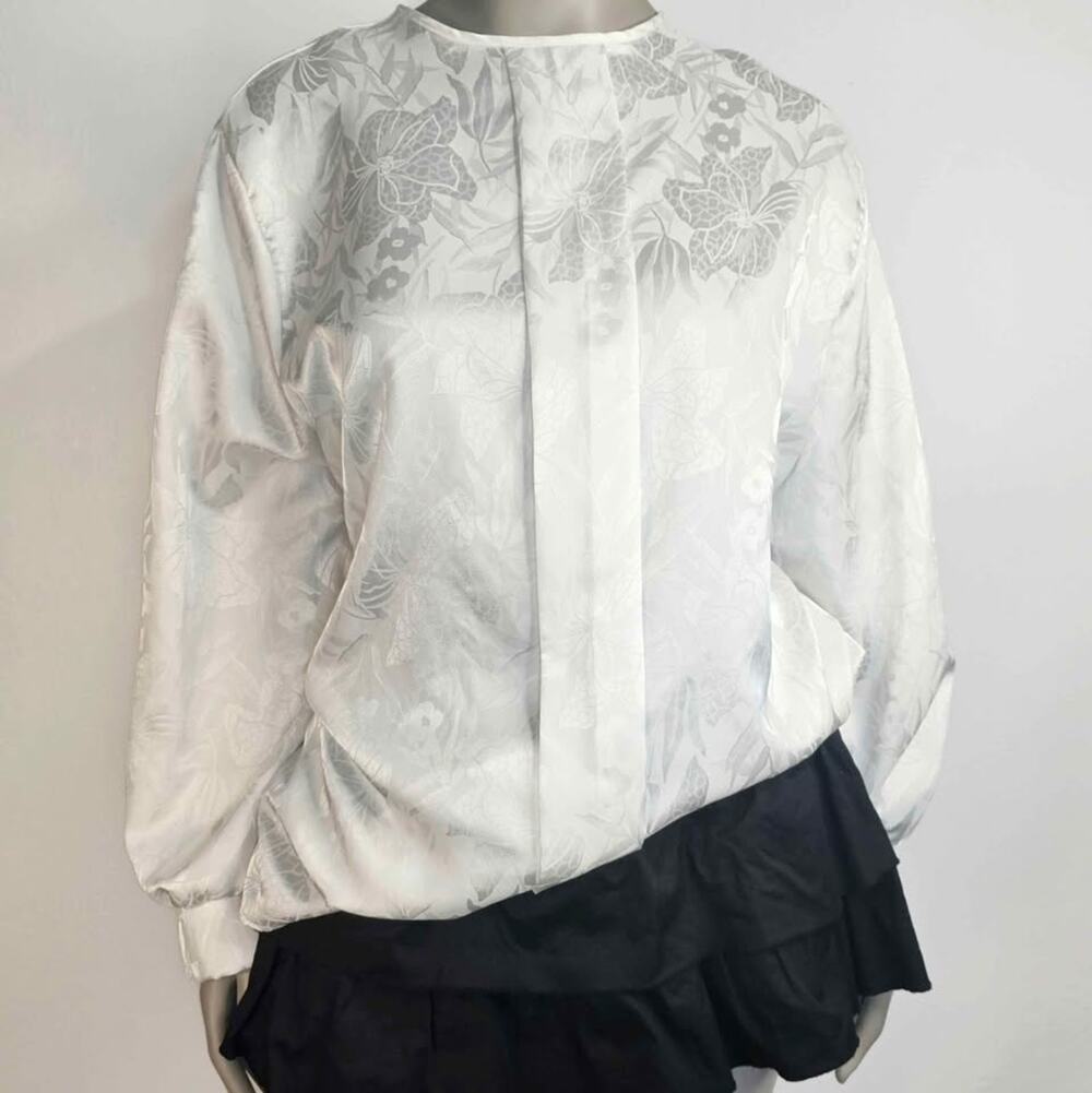 Vintage White Jacquard Blouse Plus Size 20W Romantic Floral Satin Top